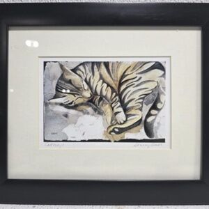 Art-Cat Nap-by Stacy Amos 1997 Matted & Framed Home Wall Hanging Office